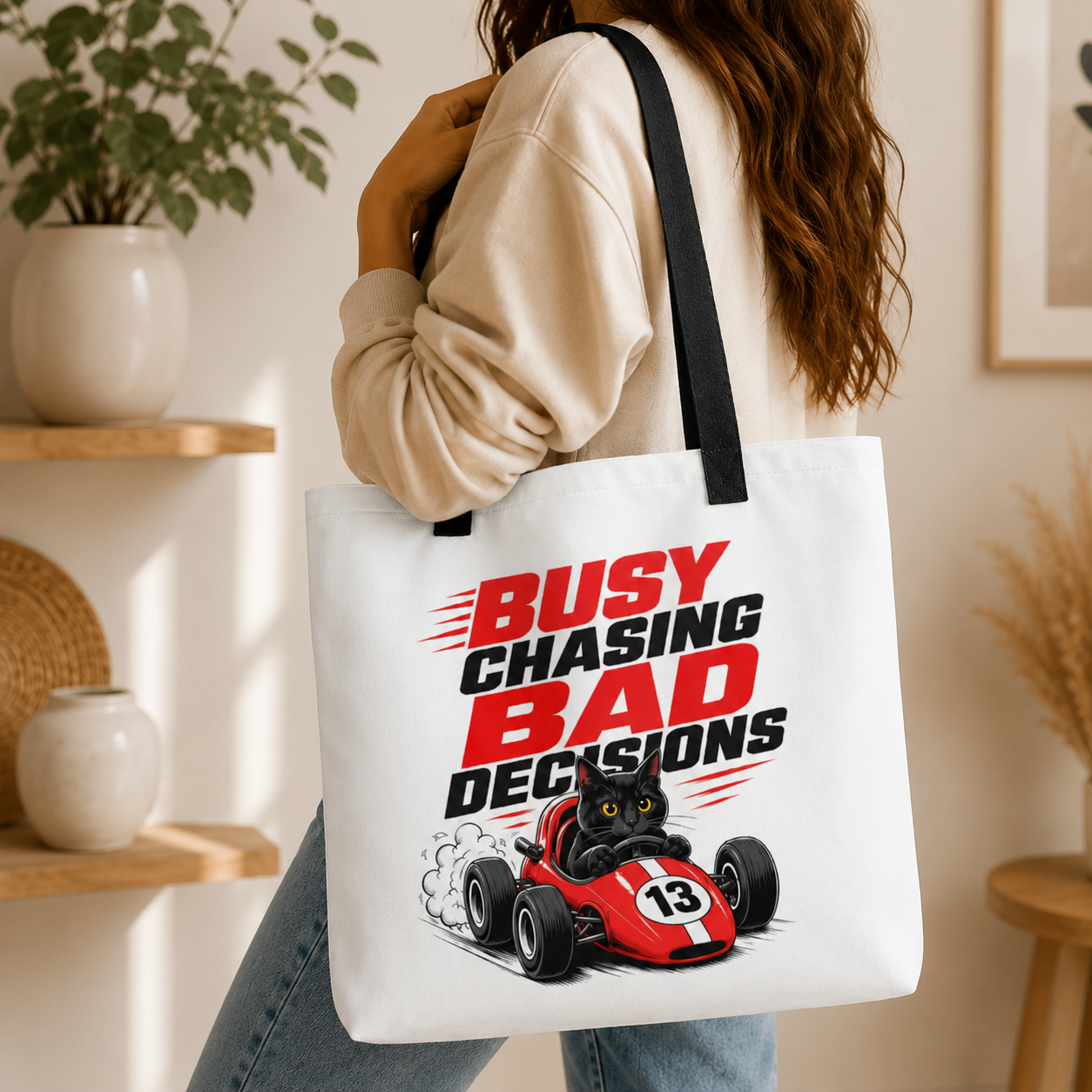 Funny Black Cat Tote Bag, Busy Chasing Bad Decisions, Cat Lover Gift, Racing Cat Tote, Funny Cat Gift, Reusable Shopping Bag