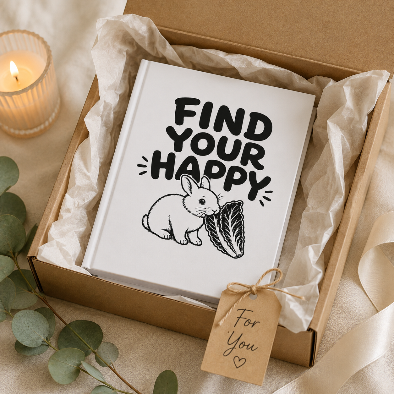 Find Your Happy Rabbit Journal, Bunny Lover Gift, Cute Hardcover Notebook, Rabbit Notebook, Positive Quote Journal, Veggie Garden Gift