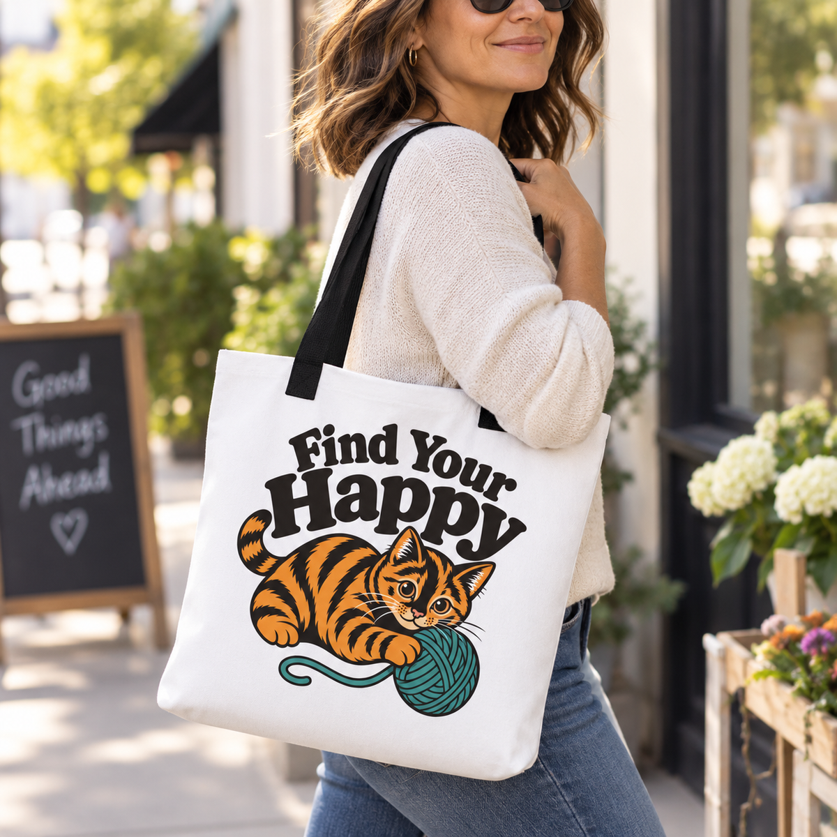 Funny Cat Tote Bag, Find Your Happy Tote, Cat Lover Gift, Knitting Crochet Yarn Bag, Orange Tabby Cat Shopping Bag