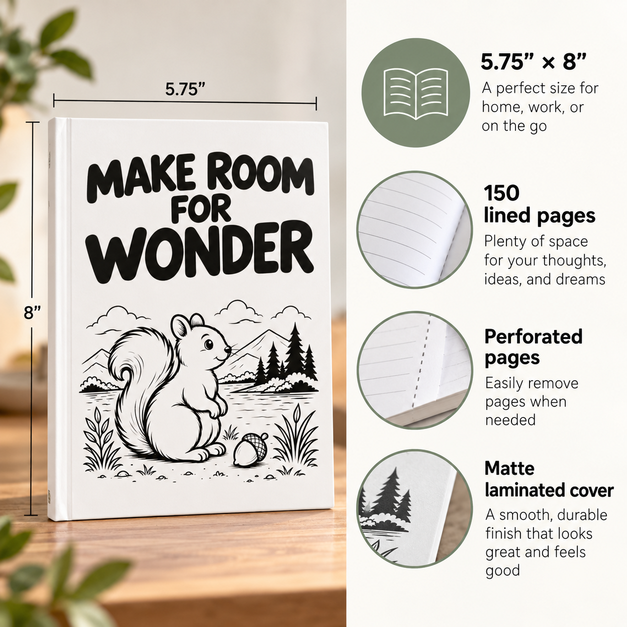 Make Room for Wonder Squirrel Journal, Nature Lover Gift, Lined Writing Notebook