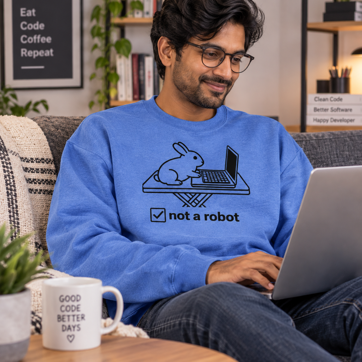 Funny Rabbit Sweatshirt, Not a Robot Bunny Sweater, Rabbit Lover Gift, Computer Humor Crewneck