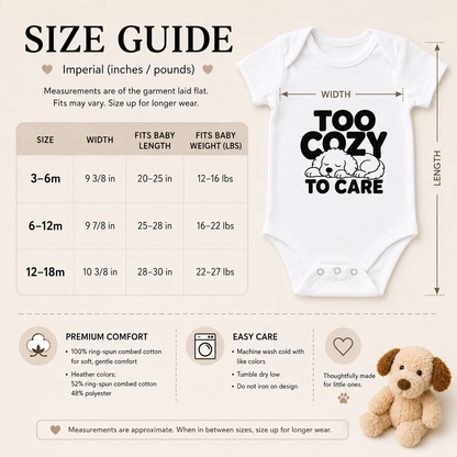 Too Cozy to Care Baby Bodysuit, Funny Puppy Baby Onesie, Cute Dog Infant Bodysuit, Cozy Baby Outfit