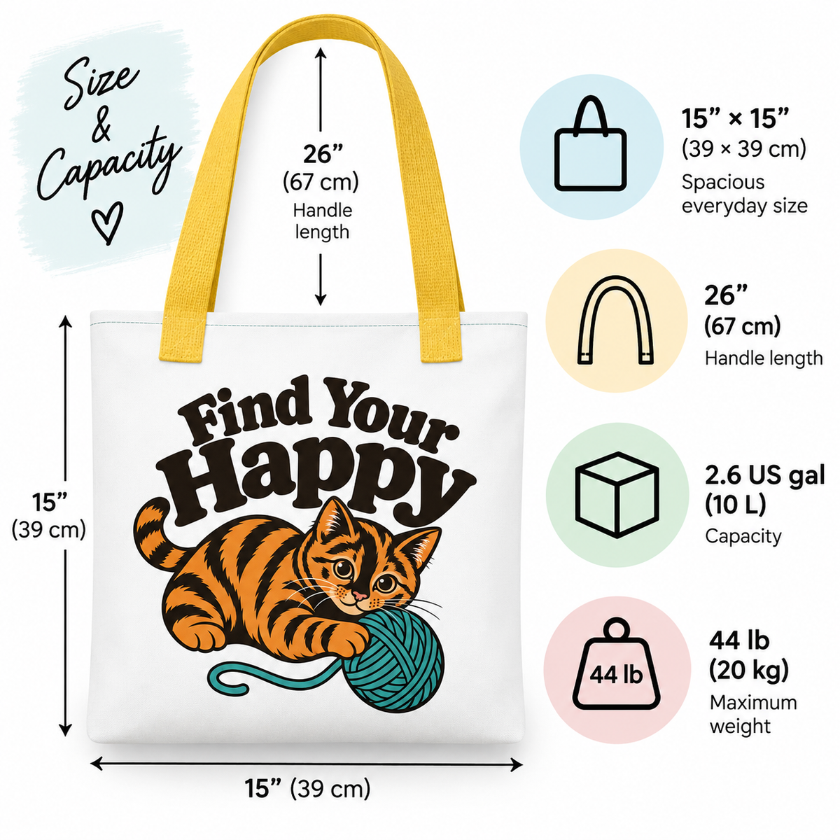 Funny Cat Tote Bag, Find Your Happy Tote, Cat Lover Gift, Knitting Crochet Yarn Bag, Orange Tabby Cat Shopping Bag