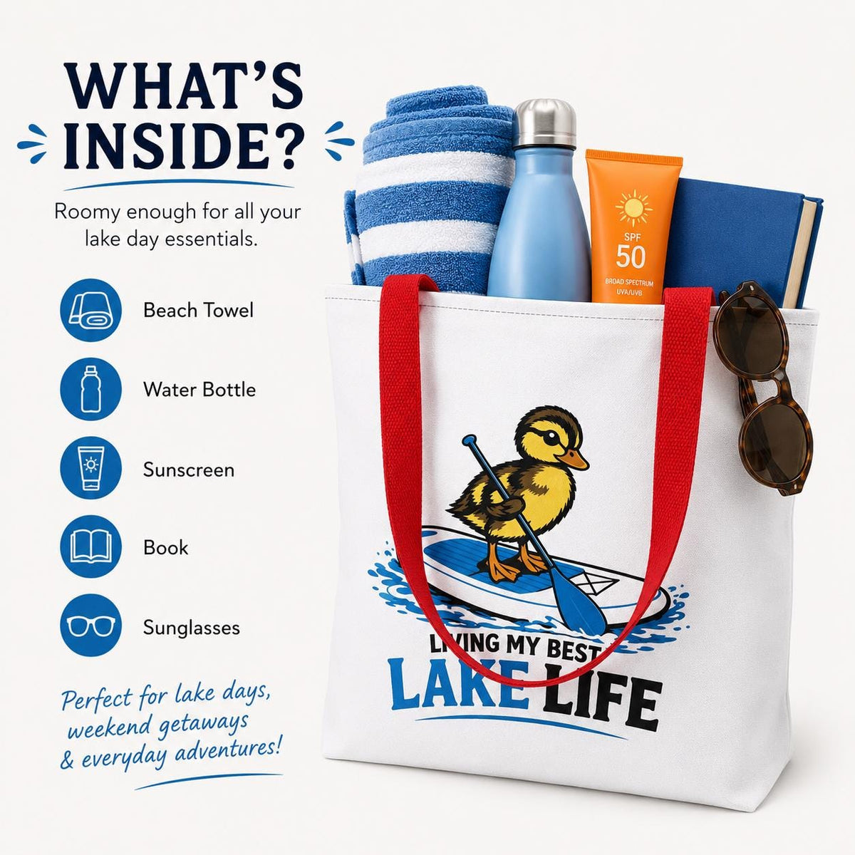 Duck Paddleboard Tote Bag, Lake Life Summer Beach Bag, Outdoor Lover Gift