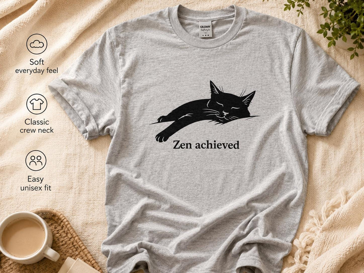 Zen Achieved Cat Shirt Minimal Black Cat Tee For Calm Cozy Days