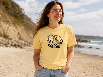 Sleepy Puppy Graphic Tee: Too Cozy To Care Dog Lover Shirt
