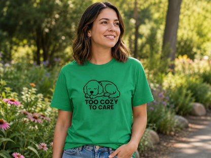 Sleepy Puppy Graphic Tee: Too Cozy To Care Dog Lover Shirt