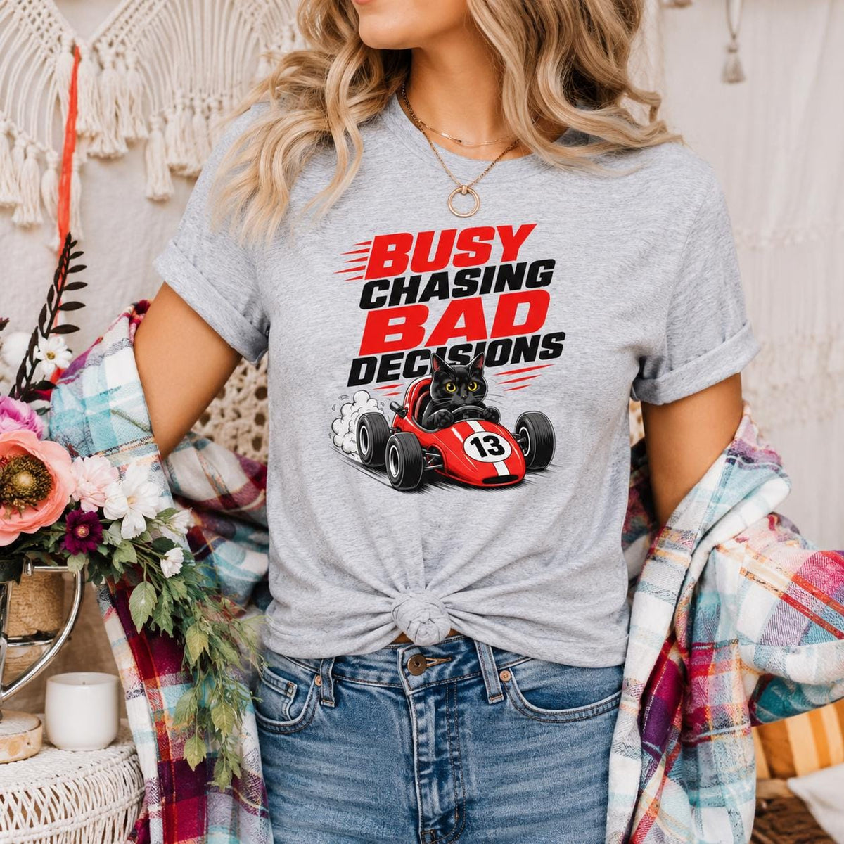 Black Cat Race Car T-Shirt, Busy Chasing Bad Decisions Tee, Organic Cotton Shirt