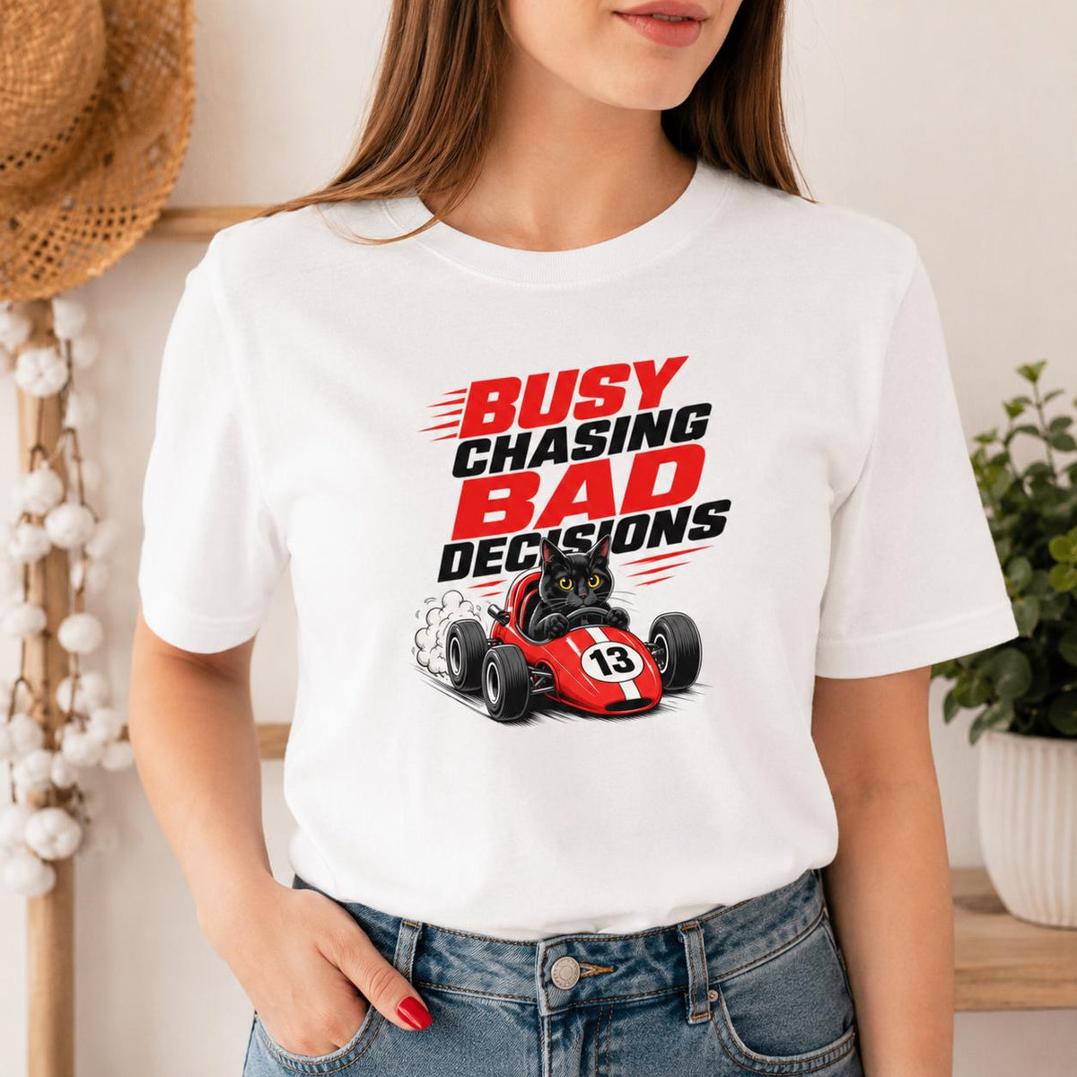 Black Cat Race Car T-Shirt, Busy Chasing Bad Decisions Tee, Organic Cotton Shirt