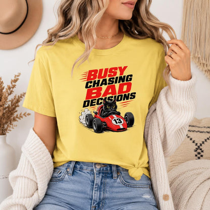 Black Cat Race Car T-Shirt, Busy Chasing Bad Decisions Tee, Organic Cotton Shirt