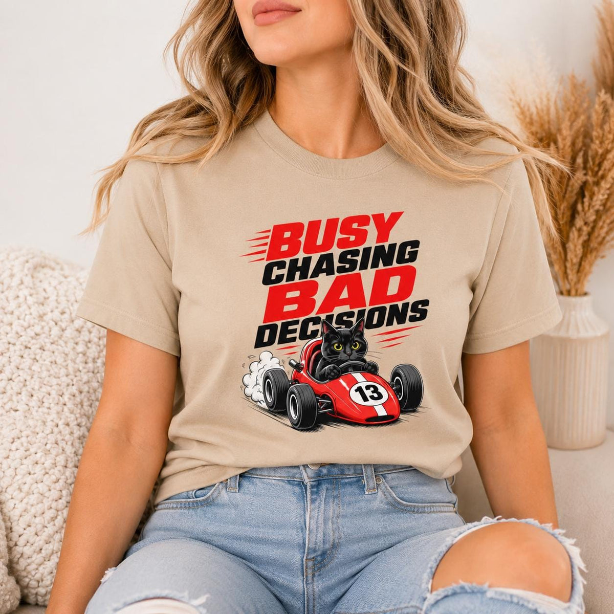 Black Cat Race Car T-Shirt, Busy Chasing Bad Decisions Tee, Organic Cotton Shirt