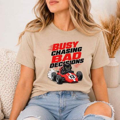 Black Cat Race Car T-Shirt, Busy Chasing Bad Decisions Tee, Organic Cotton Shirt