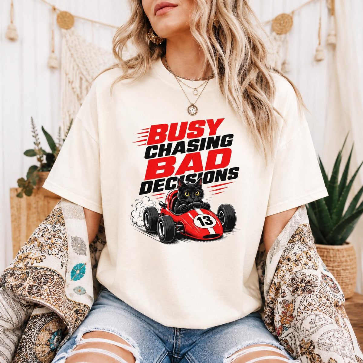 Black Cat Race Car T-Shirt, Busy Chasing Bad Decisions Tee, Organic Cotton Shirt