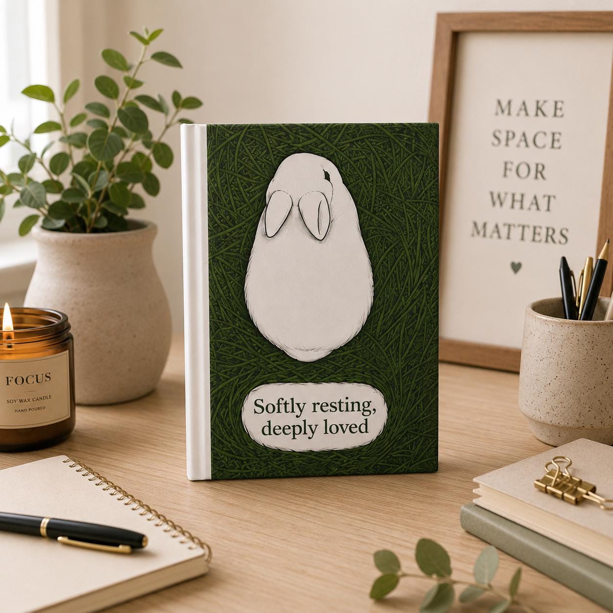 Softly Resting Rabbit Hardcover Journal, Bunny Nature Art Notebook