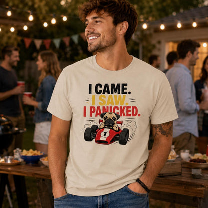 Funny Pug Racing T-Shirt, I Came Saw Panicked Dog Tee, Organic Cotton Shirt