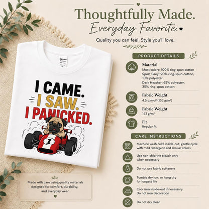 Funny Pug Racing T-Shirt, I Came Saw Panicked Dog Tee, Organic Cotton Shirt