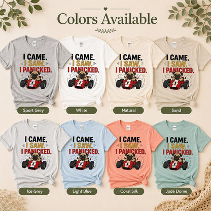 Funny Pug Racing T-Shirt, I Came Saw Panicked Dog Tee, Organic Cotton Shirt