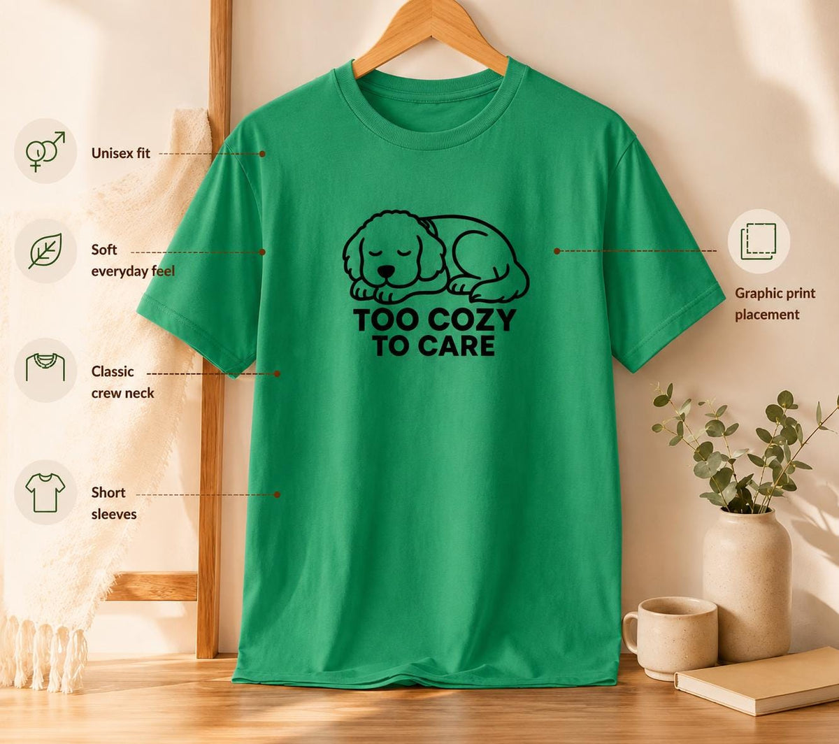 Sleepy Puppy Graphic Tee: Too Cozy To Care Dog Lover Shirt
