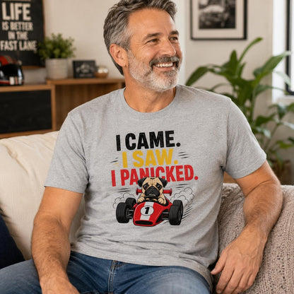 Funny Pug Racing T-Shirt, I Came Saw Panicked Dog Tee, Organic Cotton Shirt