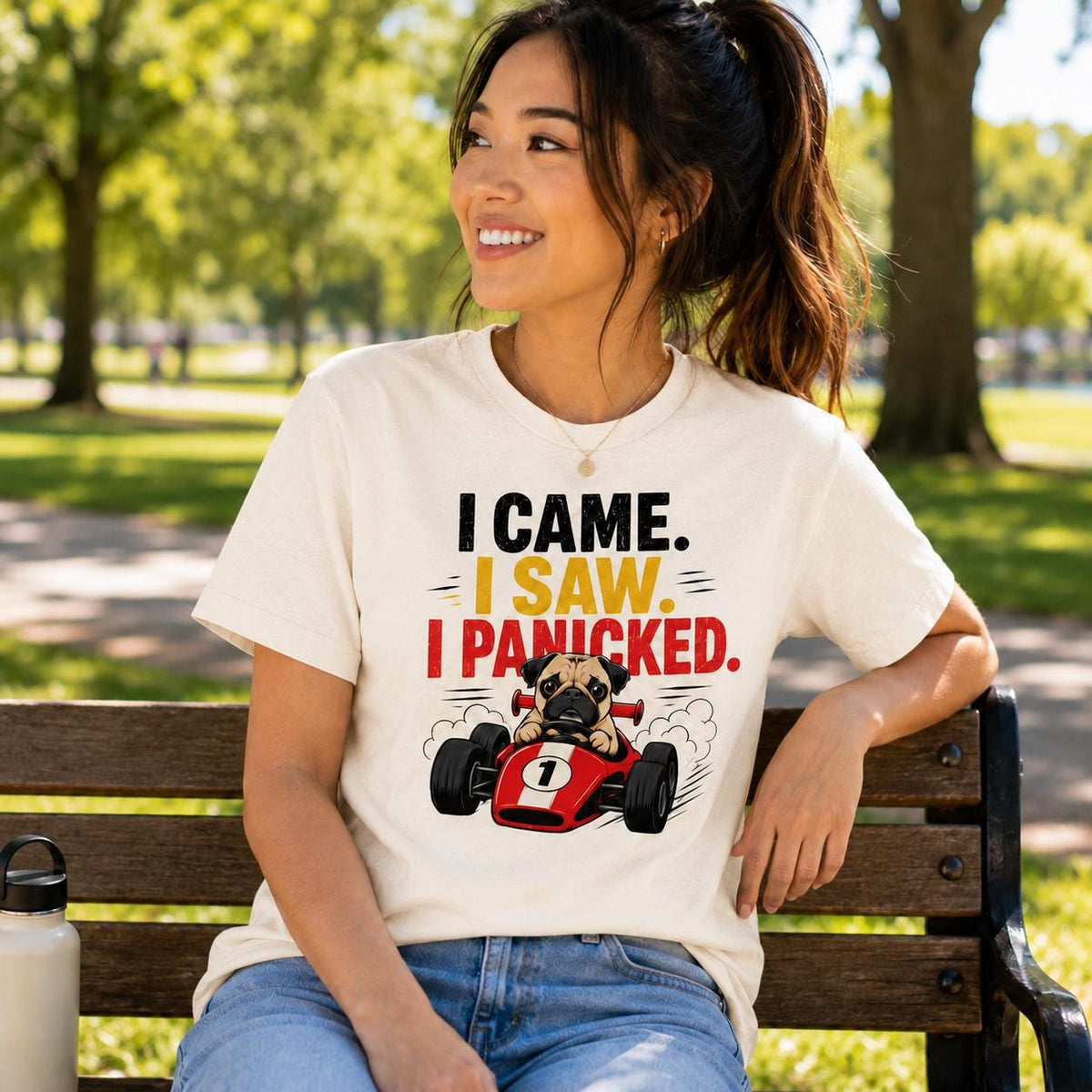 Funny Pug Racing T-Shirt, I Came Saw Panicked Dog Tee, Organic Cotton Shirt