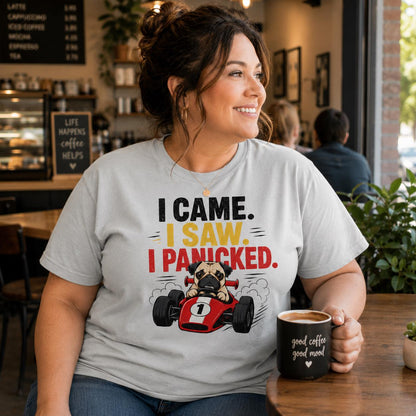 Funny Pug Racing T-Shirt, I Came Saw Panicked Dog Tee, Organic Cotton Shirt