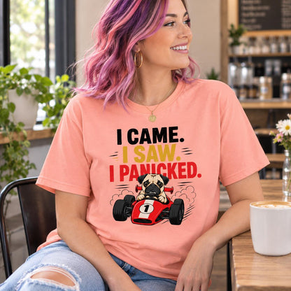 Funny Pug Racing T-Shirt, I Came Saw Panicked Dog Tee, Organic Cotton Shirt