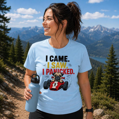 Funny Pug Racing T-Shirt, I Came Saw Panicked Dog Tee, Organic Cotton Shirt