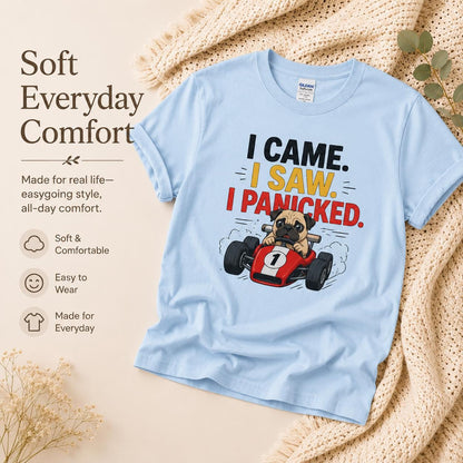 Funny Pug Racing T-Shirt, I Came Saw Panicked Dog Tee, Organic Cotton Shirt