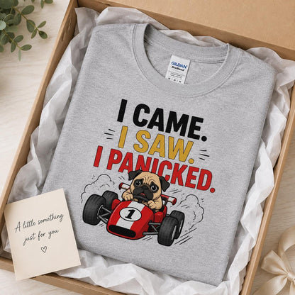 Funny Pug Racing T-Shirt, I Came Saw Panicked Dog Tee, Organic Cotton Shirt