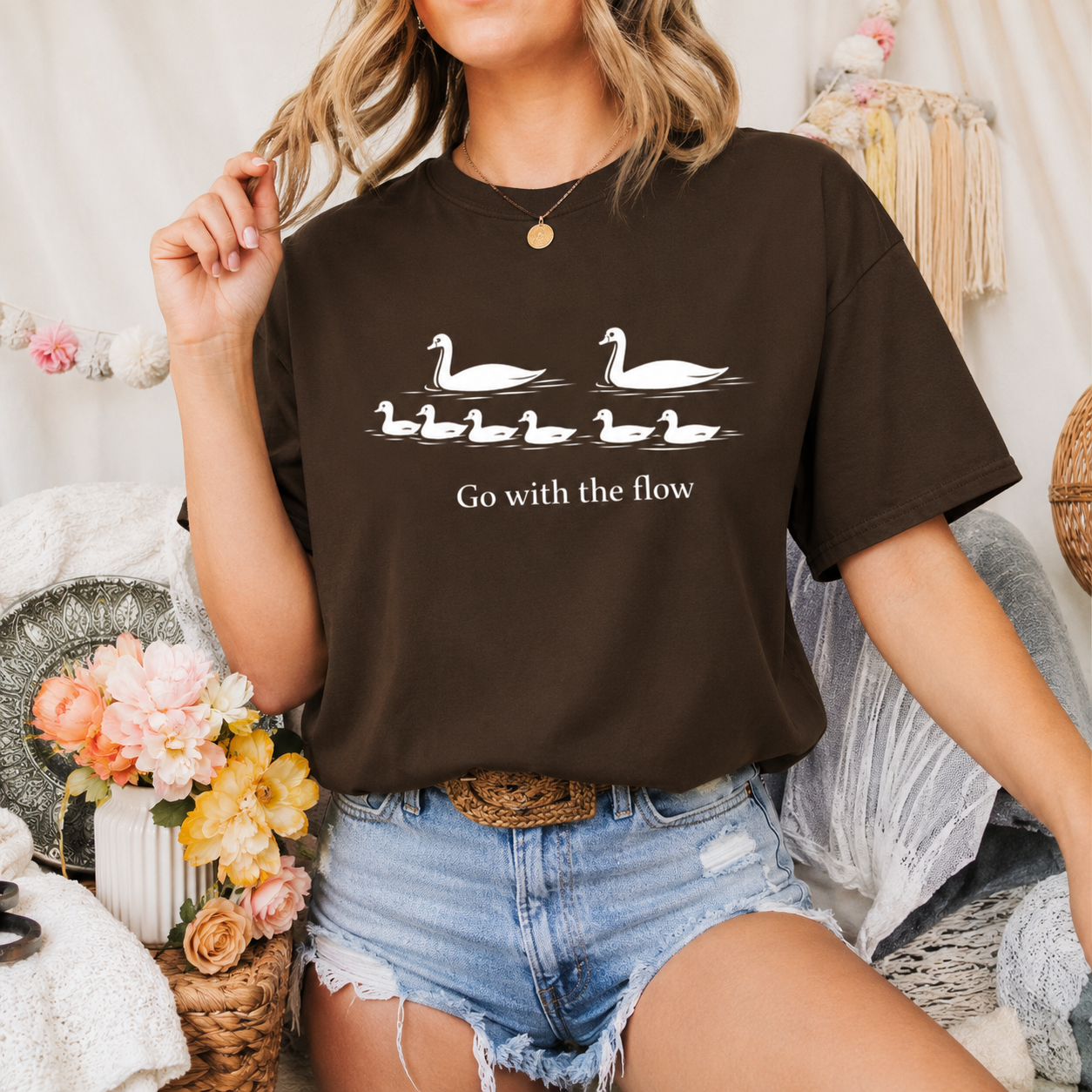 Go With the Flow Swan T-Shirt, Nature Bird Graphic Tee